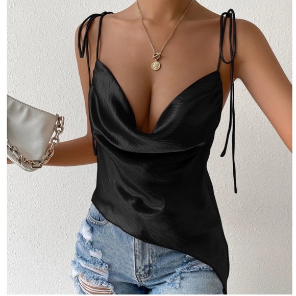 Tops - Black Color Glamorous Cowl Neck Tie Strap Camisole Top